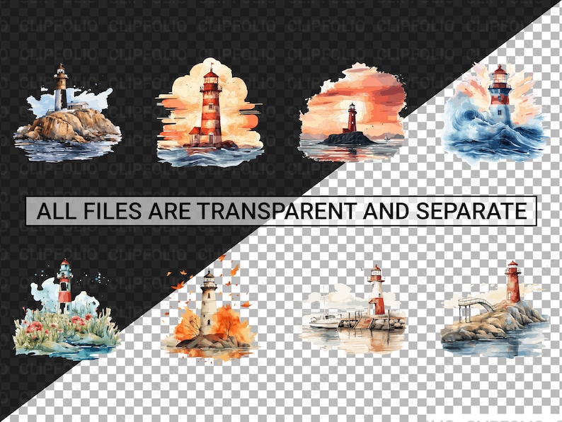 May include: A set of eight watercolour illustrations of lighthouses in various settings. The lighthouses are red and white with black accents. The illustrations include a lighthouse on a rocky shore, a lighthouse on a cliff, a lighthouse in a storm, a lighthouse at sunset, a lighthouse with a boat, a lighthouse with a bridge, a lighthouse with a forest, and a lighthouse with a field of flowers.