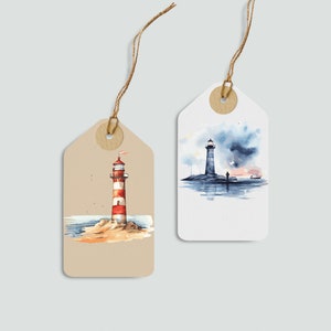 May include: Two watercolour illustrations of lighthouses on gift tags. The first tag features a red and white lighthouse on a sandy beach. The second tag features a grey lighthouse on a rocky shore with a stormy sky.
