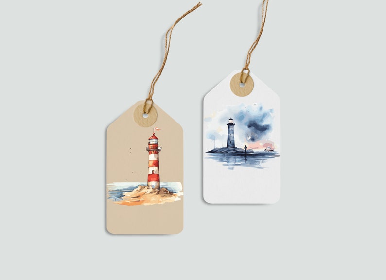May include: Two watercolour illustrations of lighthouses on gift tags. The first tag features a red and white lighthouse on a sandy beach. The second tag features a grey lighthouse on a rocky shore with a stormy sky.