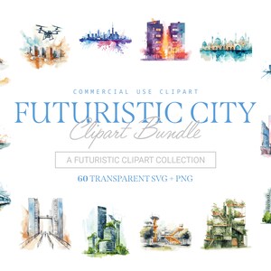 May include: A collection of 60 watercolor illustrations of futuristic cityscapes, buildings, and transportation. The illustrations are in a variety of styles, including modern, abstract, and whimsical. The illustrations are perfect for use in commercial projects, such as website design, social media graphics, and print materials.