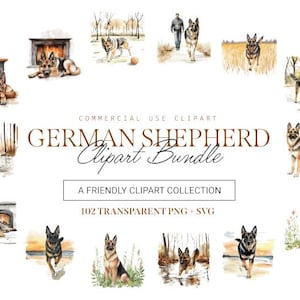 Duitse herder clipartbundel, 102 ontwerpen, SVG en png, schattige en schattige hondenkunst, commercieel gebruik
