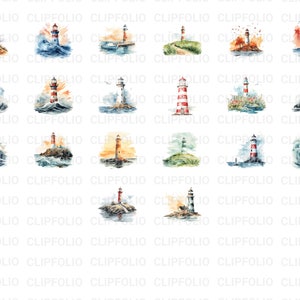 May include: A set of 16 watercolour illustrations of lighthouses in various settings. Each lighthouse is painted in red and white stripes with a white roof. The lighthouses are surrounded by water, rocks, and greenery.