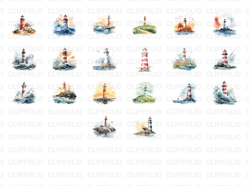 May include: A set of 16 watercolour illustrations of lighthouses in various settings. Each lighthouse is painted in red and white stripes with a white roof. The lighthouses are surrounded by water, rocks, and greenery.