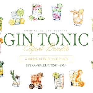 Gin Tonic Clipart Bundle, 78 Design, SVG e PNG, Cocktail e bevande artistiche, uso commerciale