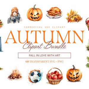 Pacchetto Clipart autunnale - 60 disegni / SVG e PNG / Alta risoluzione / Vario e caldo / Per uso commerciale
