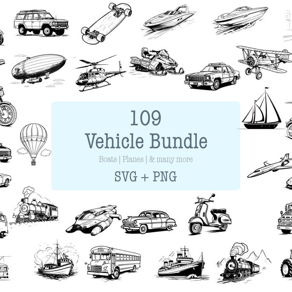 Ensemble de véhicules SVG - 109 modèles | SVG et PNG | Haute Résolution | Variété de véhicules | Explorer les modes de transport