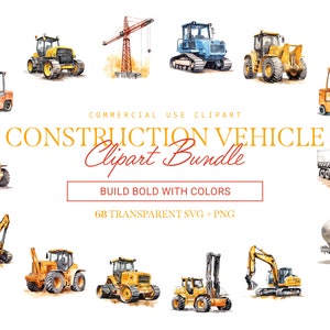 Construction Vehicles Clipart Bundle - 68 Designs | SVG & PNG | High Resolution | Heavy-duty and Dynamic | For Commercial Use