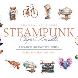 Könnte beinhalten: Eine Sammlung von 56 Aquarell-Illustrationen im Steampunk-Stil. Die Illustrationen beinhalten einen Uhrturm, einen Heißluftballon, ein Fahrrad, eine Schreibmaschine, ein Teleskop, eine Pistole, einen Hut, ein Herz und ein Luftschiff. Die Illustrationen sind alle im Vintage-Stil gehalten mit einem Fokus auf Zahnräder, Zahnräder und andere mechanische Elemente.