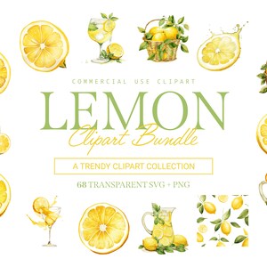 Könnte beinhalten: Ein Aquarell-Clipart-Paket mit Zitronen in verschiedenen Formen, darunter ganze Zitronen, Zitronenscheiben, Zitronensaft und Zitronen in Körben. Der Text "LEMON Clipart Bundle" ist in Grün und Weiß dargestellt.
