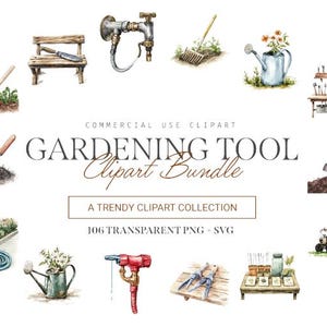 Gardening Tool Clipart Bundle, 106 Designs, SVG and PNG, Botanical and DIY Art, Commercial Use