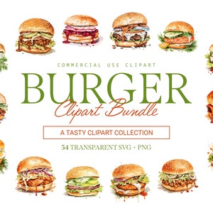 Hamburger clipart bundel - 54 ontwerpen | SVG- en PNG | Hoge resolutie | Heerlijk gestapeld | Voor commercieel gebruik