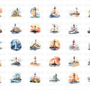 May include: A set of 30 watercolour illustrations of lighthouses in various settings. The lighthouses are red and white with black accents. The settings include seascapes, landscapes, and skies with clouds, rainbows, and birds.