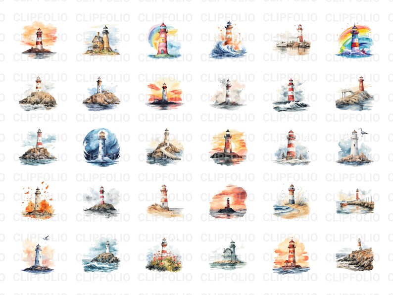 May include: A set of 30 watercolour illustrations of lighthouses in various settings. The lighthouses are red and white with black accents. The settings include seascapes, landscapes, and skies with clouds, rainbows, and birds.