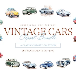 Vintage Cars Clipart Bundle - 76 Designs | SVG & PNG | High Resolution | Classic Automobile Illustrations | For Commercial Use