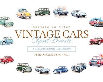 Vintage Cars Clipart Bundle - 76 Designs | SVG & PNG | High Resolution | Classic Automobile Illustrations | For Commercial Use