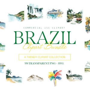 May include: A watercolor clipart bundle featuring various scenes from Brazil, including beaches, waterfalls, and cityscapes. The bundle includes 99 transparent PNG and SVG files. "Commercial Use Clipart - Brazil Clipart Bundle - A Trendy Clipart Collection - 99 Transparent PNG + SVG"