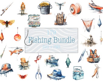 Watercolor Fishing Clipart Bundle: 179 SVG & PNG Designs