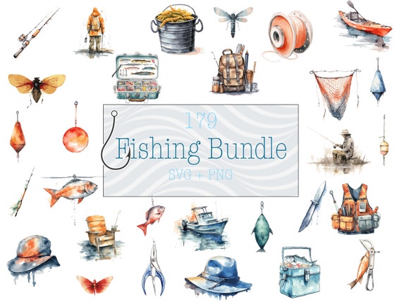 Fishing & Fishing Gear SVG Bundle 179 Designs Colourful Watercolour Fishing  acitivity 
