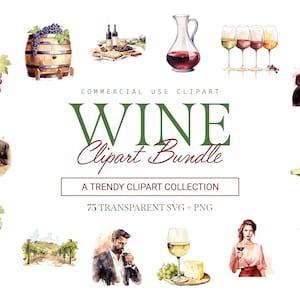 Pacchetto Clipart vino - 75 disegni / SVG e PNG / Alta risoluzione / Illustrazioni di vino eleganti / Per uso commerciale