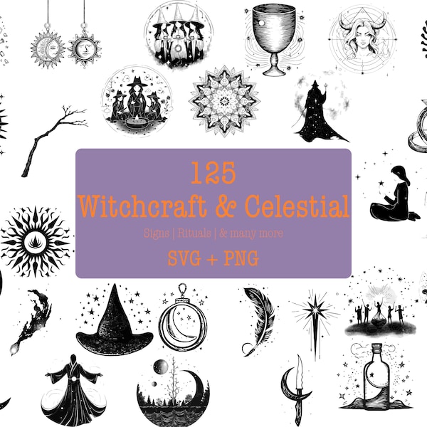 Witchcraft & Celestial Designs - 125 Unique Illustrations | SVG and PNG | High-Res | Enchanting | Magical