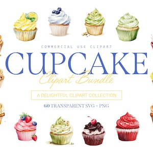 Pacchetto Clipart Cupcake - 60 disegni / SVG e PNG / Alta risoluzione / Deliziosamente dolce / Per uso commerciale
