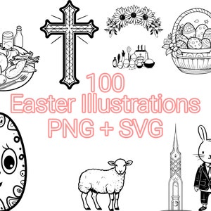 Easter Illustration Pack - 100 Designs | SVG | PNG | High Resolution | Easter Bunny, Eggs and More | For Personal and Commercial Use