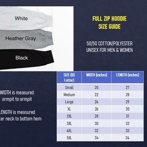 May include: Image of a full zip hoodie size guide. The guide includes a size chart with measurements in inches for width and length. The hoodie is available in white, heather gray, and black. The material is 50/50 cotton/polyester.