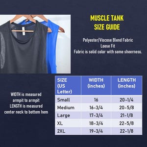 May include: Black muscle tank top hanging on a wooden hanger, with a blue tank top next to it. The image includes a size guide with measurements in inches for width and length.