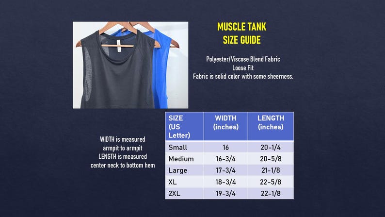 May include: Black muscle tank top hanging on a wooden hanger, with a blue tank top next to it. The image includes a size guide with measurements in inches for width and length.