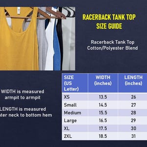 May include: Mustard yellow racerback tank top hanging on a wooden hanger. The image includes a size guide with measurements in inches for XS to 2XL. The tank top is a cotton/polyester blend.
