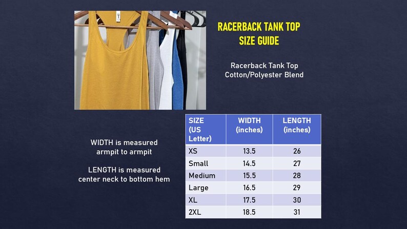 May include: Mustard yellow racerback tank top hanging on a wooden hanger. The image includes a size guide with measurements in inches for XS to 2XL. The tank top is a cotton/polyester blend.