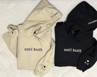 Gothic Couples Hoodie, Until Death Hoodie, Heart & Initials on Sleeve, Goth Gift for Engagement Wedding Honeymoon Anniversary