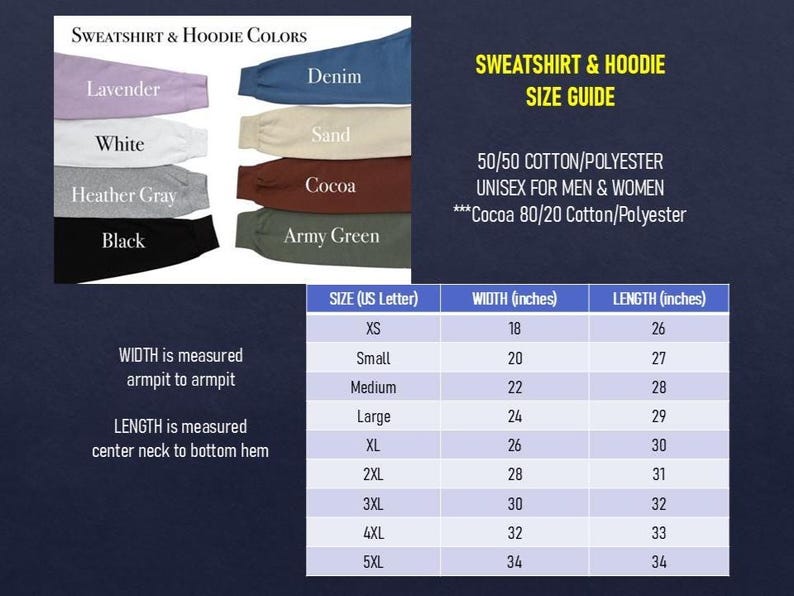 May include: Image showing a sweatshirt and hoodie size guide with colour swatches. Colours include lavender, denim, white, sand, heather grey, cocoa, black, and army green. The size chart lists width and length in inches.
