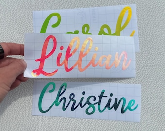 Holographic Decal Custom Text Cursive, Personalized Name Decal for Laptop Tumbler, Custom Gift Tag Labels Bridesmaids Weddings Party Favors