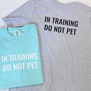 May include: A light blue t-shirt with white text reading IN TRAINING DO NOT PET and a grey t-shirt with black text reading IN TRAINING DO NOT PET. Both shirts feature a crew neckline and short sleeves, displaying the printed message clearly.