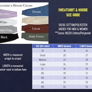 May include: Image showing a sweatshirt and hoodie color chart with swatches in lavender, denim, white, sand, heather gray, cocoa, black, and army green. A size guide table lists sizes XS to 5XL, with width and length measurements in inches.