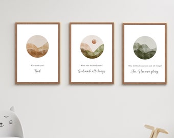 May include: Three framed prints with watercolor illustrations of mountains and a sun. The text on the prints reads "Who made you? God", "What else did God make? God made all things", and "Why did God make you and all things? For His own glory".