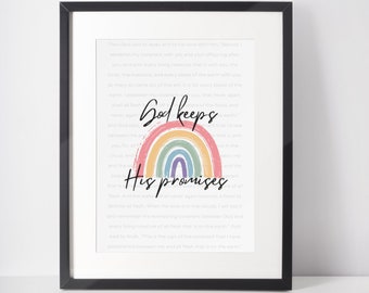 God Keeps His Promises | Rainbow decor | Noahic Covenant | bible verse wall art