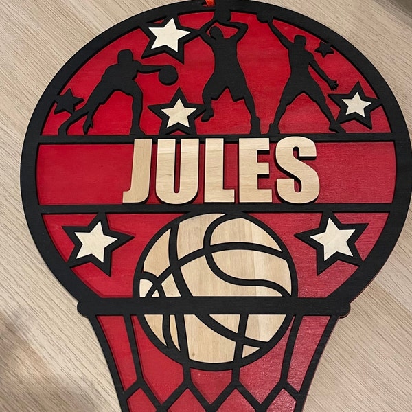Panneau de porte Prénom en bois Basket basketball sport enfant, décoration chambre