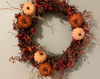 Fall Wreath - Warm Neutral Pumpkin and Berry Wreath