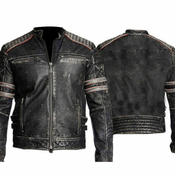 Mens Cafe Racer Biker Motorcycle Distressed Black Leather Handmade Jacket