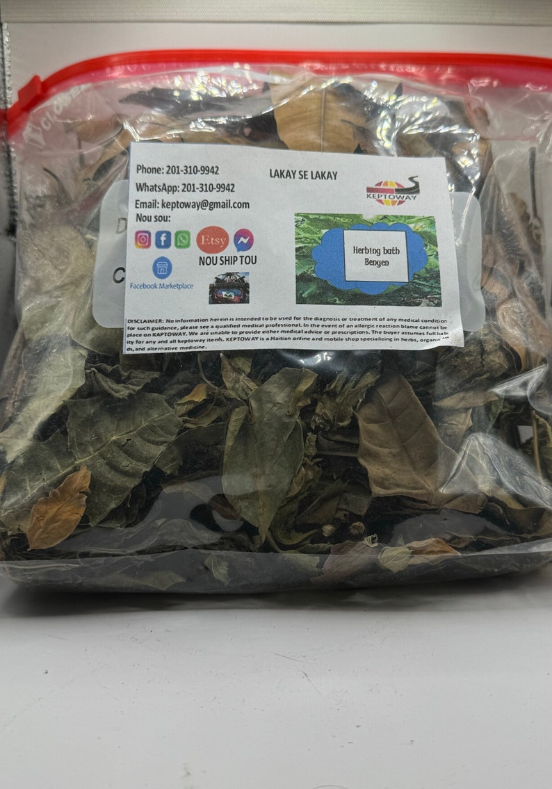 May include: A clear plastic bag filled with dried herbs and leaves. The bag has a label that says "Herbing bath Bengen" and "Keptoway". The label also includes contact information and social media icons.