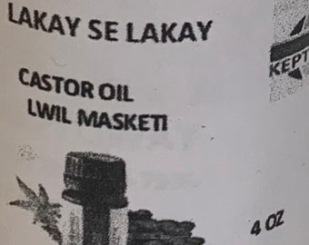 May include: A brown glass bottle with a white label that reads "Lakay Se Lakay Castor Oil Lwil Masketi" and "4 oz". The label also features a black and white illustration of a bottle and a plant.
