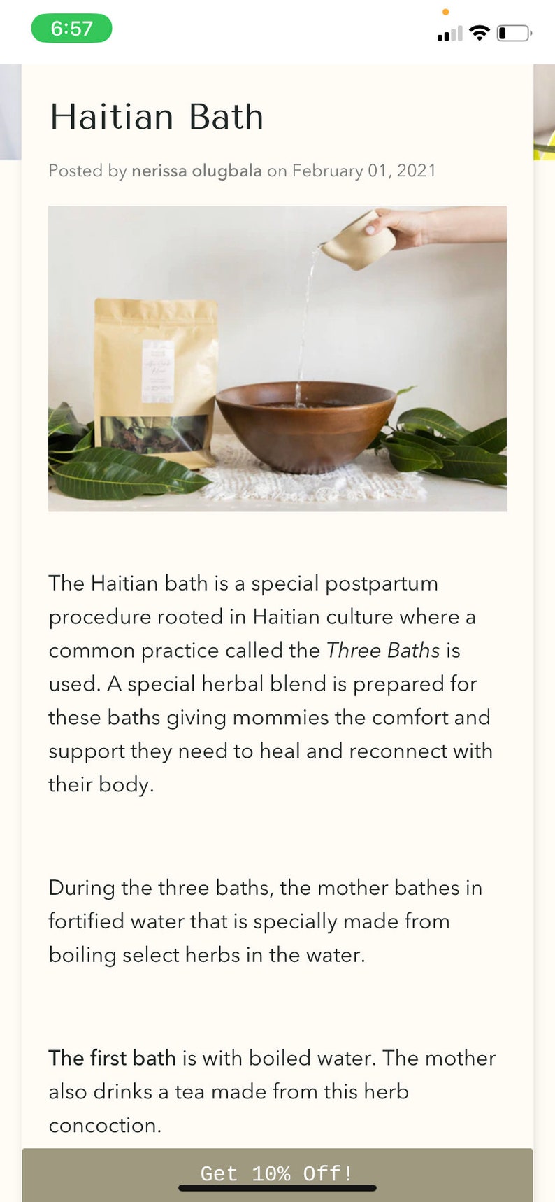 May include: A wooden bowl filled with water and herbs, with a brown paper bag of herbs next to it. The text "Get 10% Off!" is at the bottom of the image.