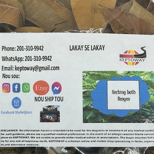 May include: A white label with the text "LAKAY SE LAKAY" and "KEPTOWAY" in red and black. The label also includes contact information, social media icons, and a disclaimer. The label is on a background of dried leaves.