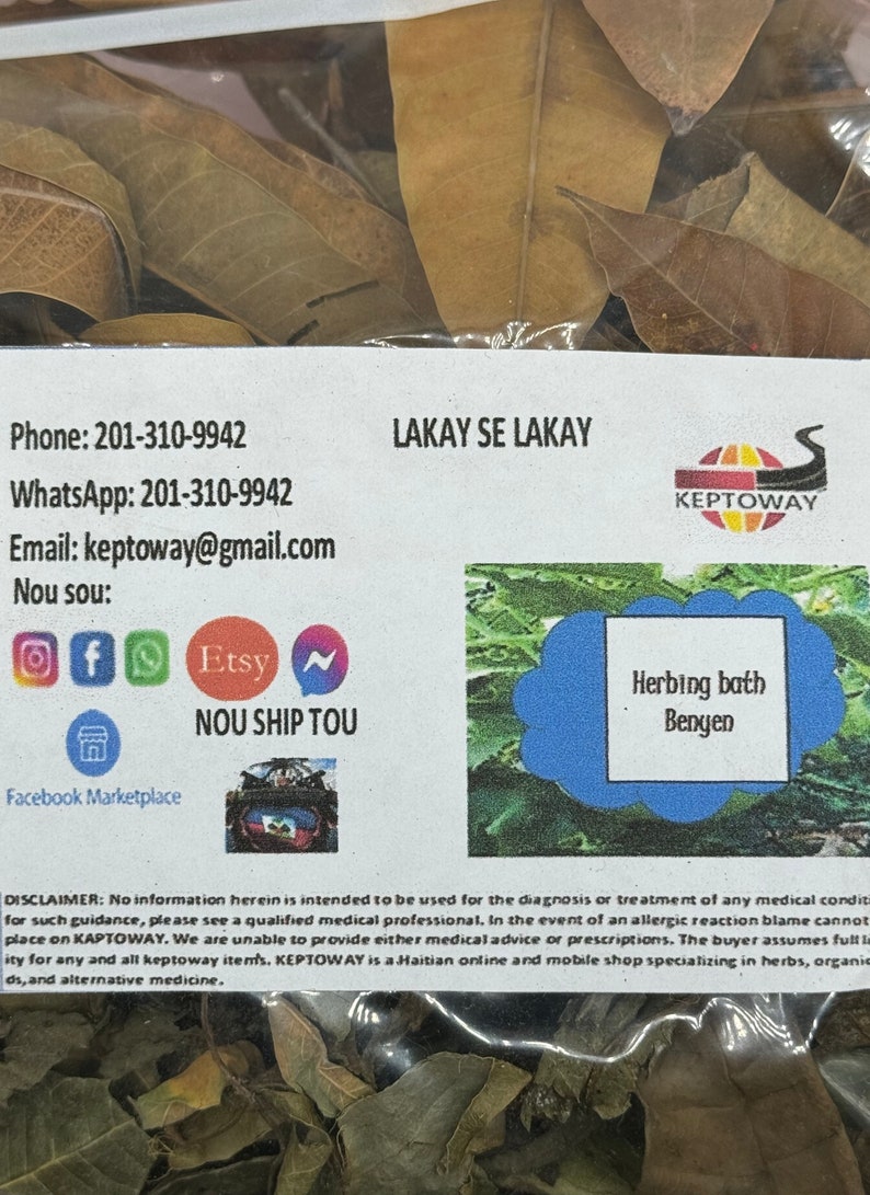 May include: A white label with the text "LAKAY SE LAKAY" and "KEPTOWAY" in red and black. The label also includes contact information, social media icons, and a disclaimer. The label is on a background of dried leaves.