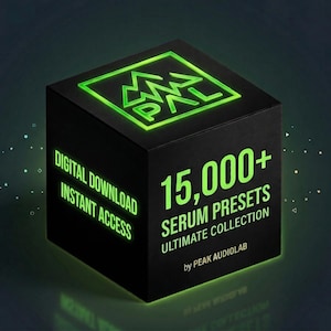 Peut inclure: Boîte noire avec un logo et du texte vert fluo. Le texte indique "TÉLÉCHARGEMENT NUMÉRIQUE ACCÈS INSTANTANÉ" et "15 000+ SERUM PRESETS ULTIMATE COLLECTION by PEAK AUDIOLAB". La boîte a une esthétique moderne et numérique.