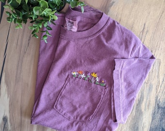 Floral Embroidered Pocket Tee, Hand-Embroidered, Flower Embroidery, Women's T-Shirt, Comfort Colors