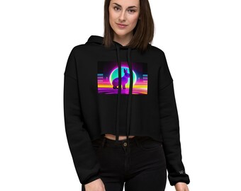 Synth Rabbit Crop Hoodie – Neon Synthwave Vaporwave Cropped Hoodie, Oversized Graphic DTG Print