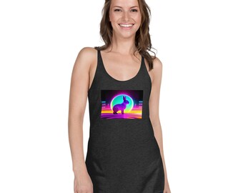 Camiseta sin mangas Synth Rabbit Racerback – Impresión DTG tri-blend estilo neón Synthwave Vaporwave